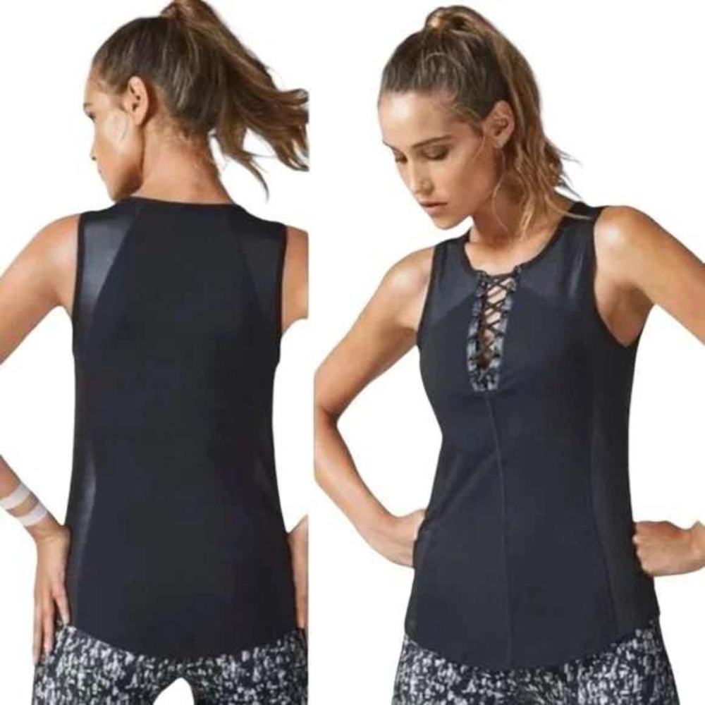Fabletics Womens Black Lace‎ Up Moto Tank Top Faux Leather Sz Small 2